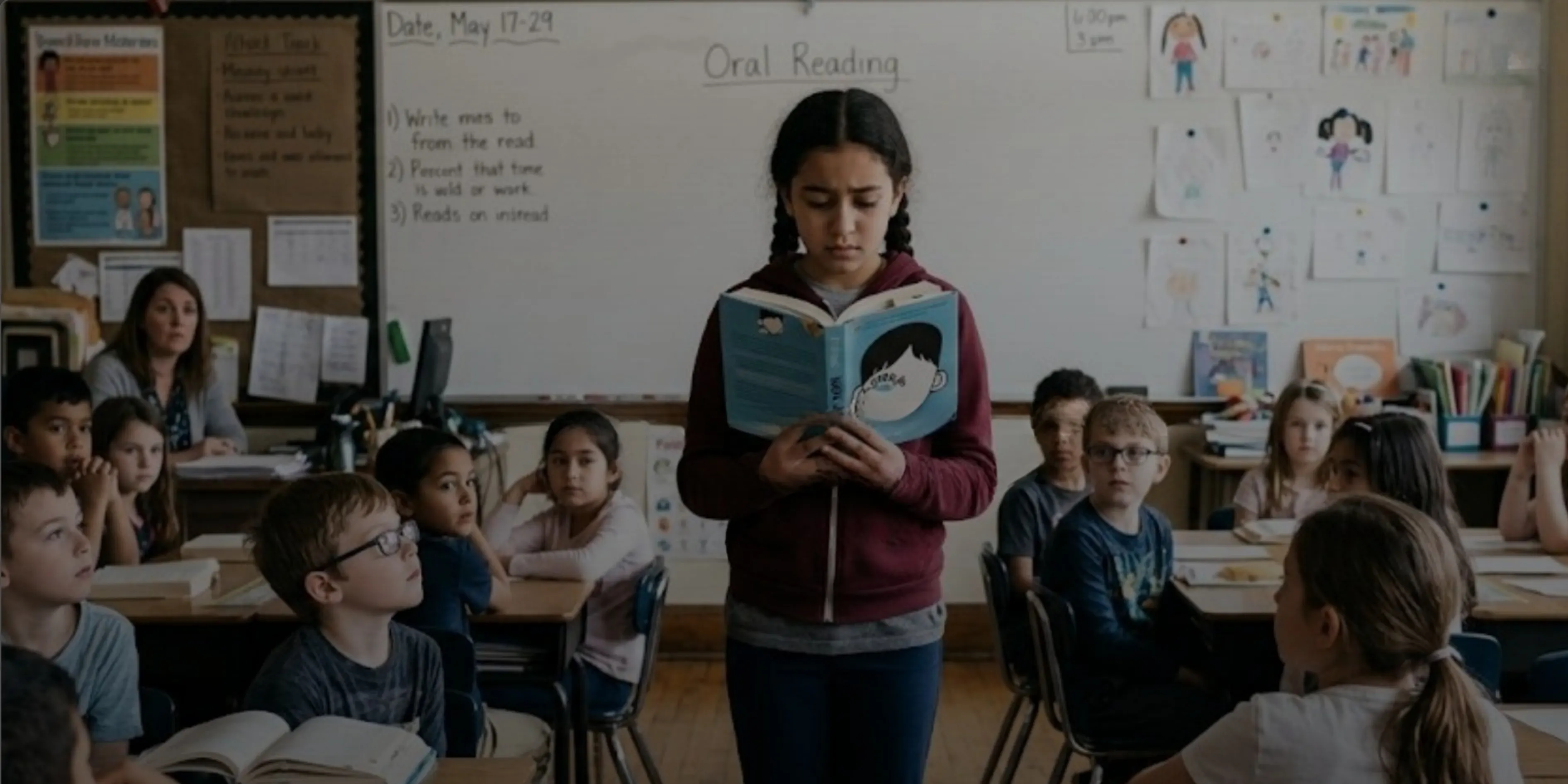 A student reads aloud to her class, visibly nervous.