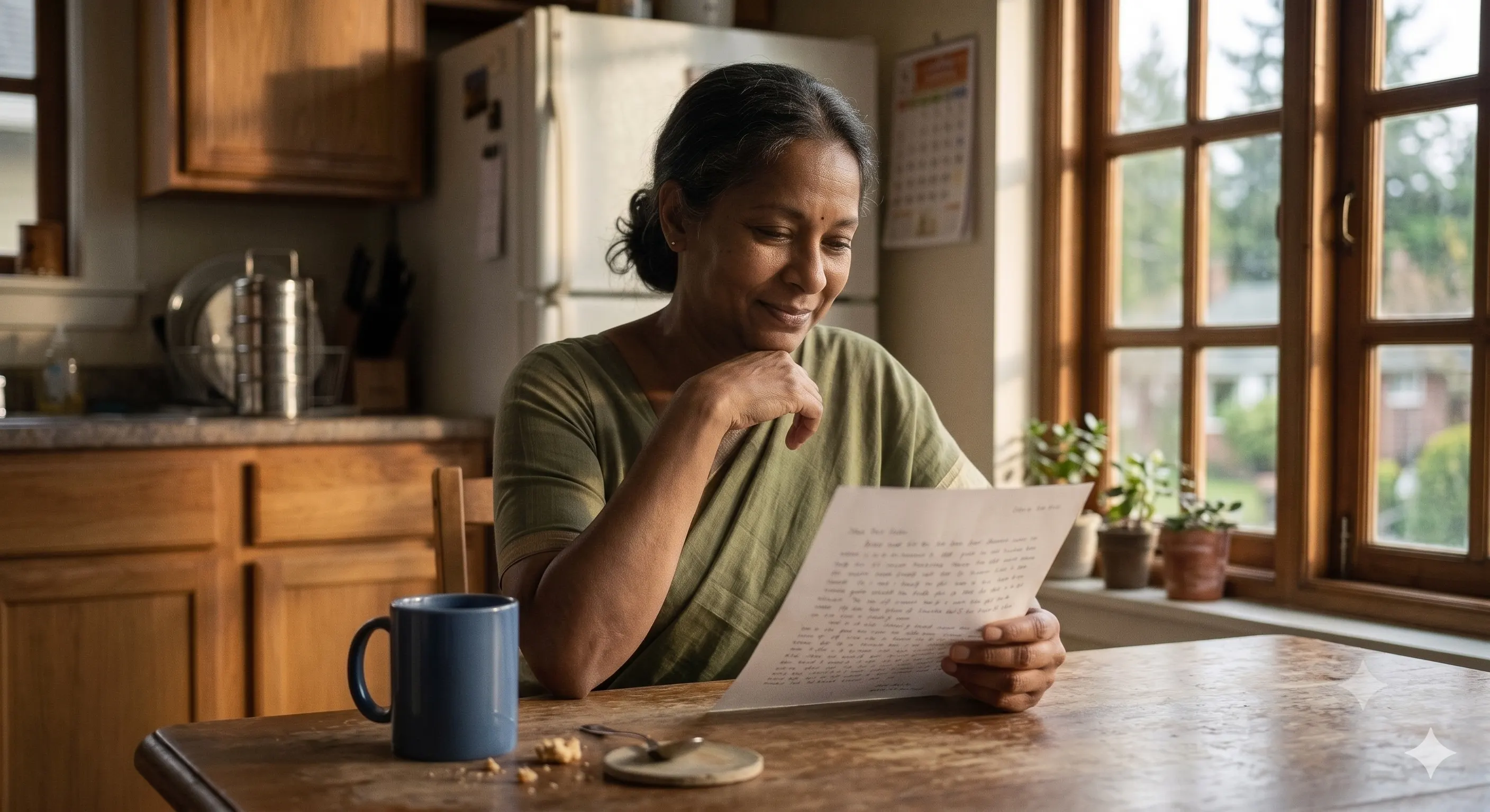 A mother smiles while reading a handwritten note about her child's reading progress.
