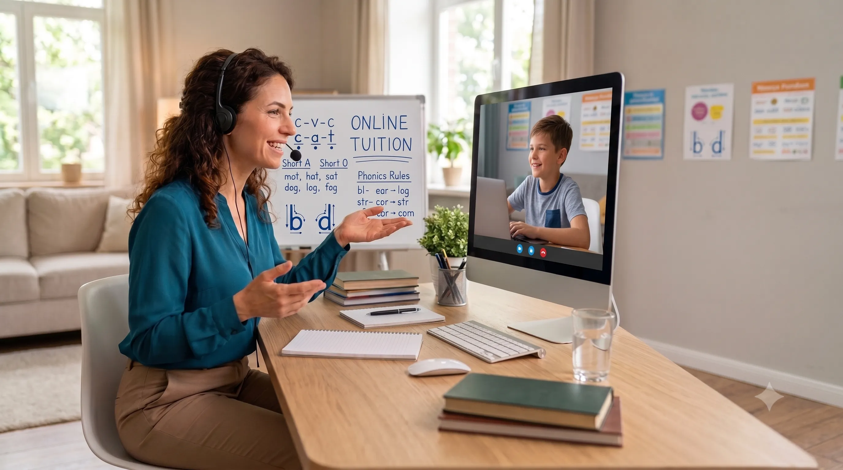 A reading tutor leading a video call lesson with two students